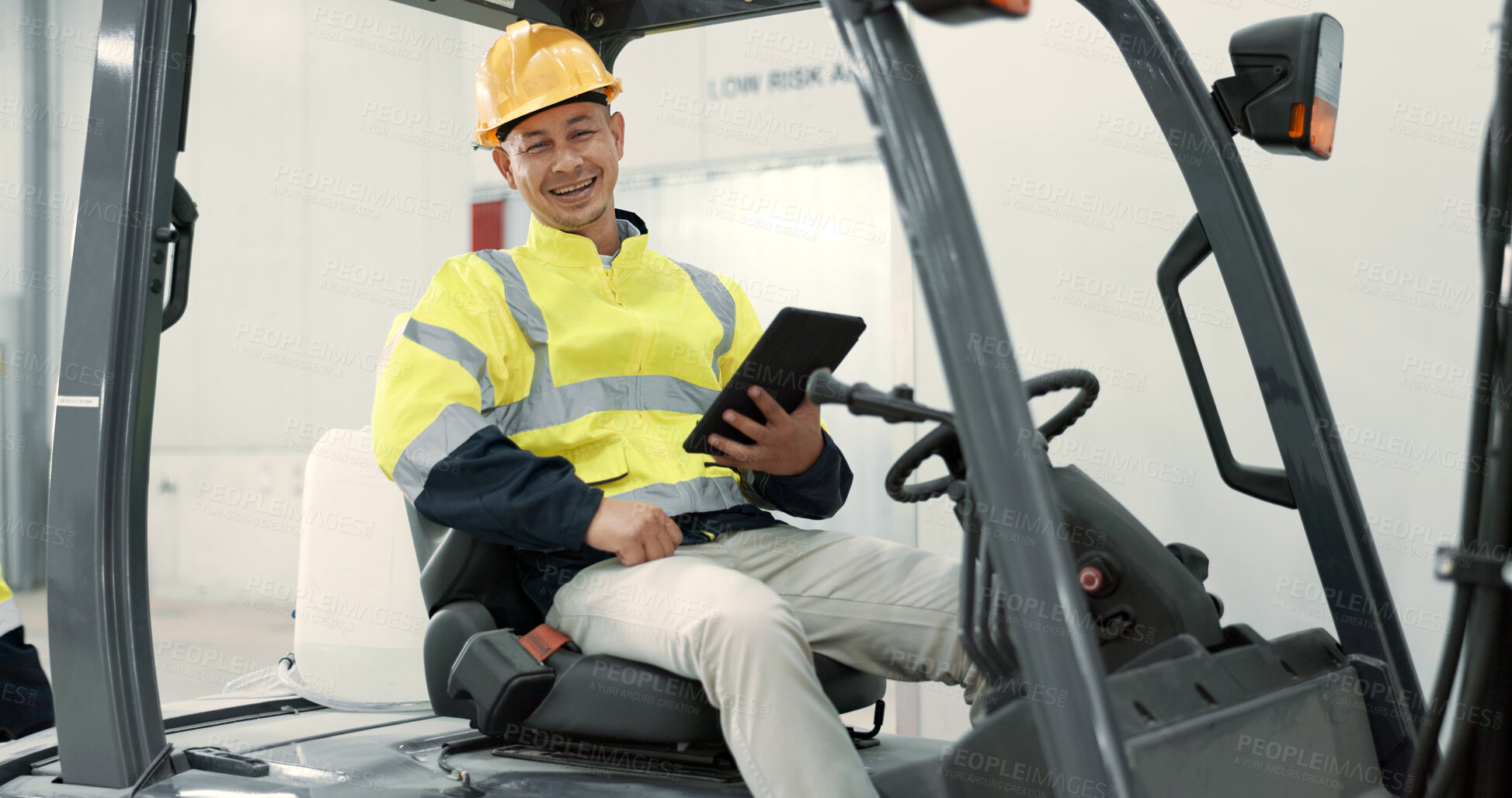 Buy stock photo Construction, tablet and portrait of man in forklift machine for maintenance, planning and renovation. Engineering, architecture and contractor on digital tech for online design, building and report