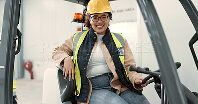 Buy stock photo Engineer woman, forklift and smile in portrait for logistics, supply chain or working in warehouse. Employee, helmet and reflective gear for safety at shipping workshop in vehicle for transportation