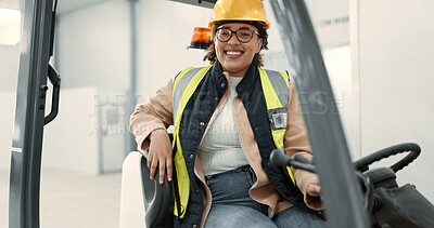 Buy stock photo Engineer woman, forklift and driver in portrait for logistics, supply chain or working in warehouse. Employee, helmet and reflective gear for safety at shipping workshop in vehicle for transportation