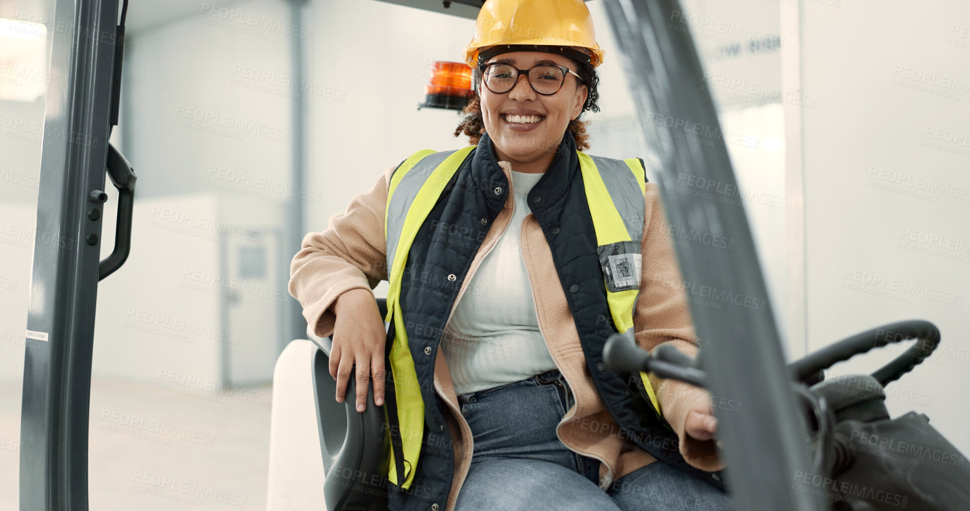 Buy stock photo Engineer woman, forklift and driver in portrait for logistics, supply chain or working in warehouse. Employee, helmet and reflective gear for safety at shipping workshop in vehicle for transportation
