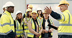 Construction site, teamwork and people in presentation for planning, meeting and discussion in building. Architecture, engineering and men and women for inspection, property development and project