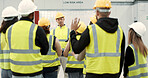 Construction site, meeting and people in discussion for planning, maintenance and renovation in building. Architecture, engineering and men and women for inspection, property development and project