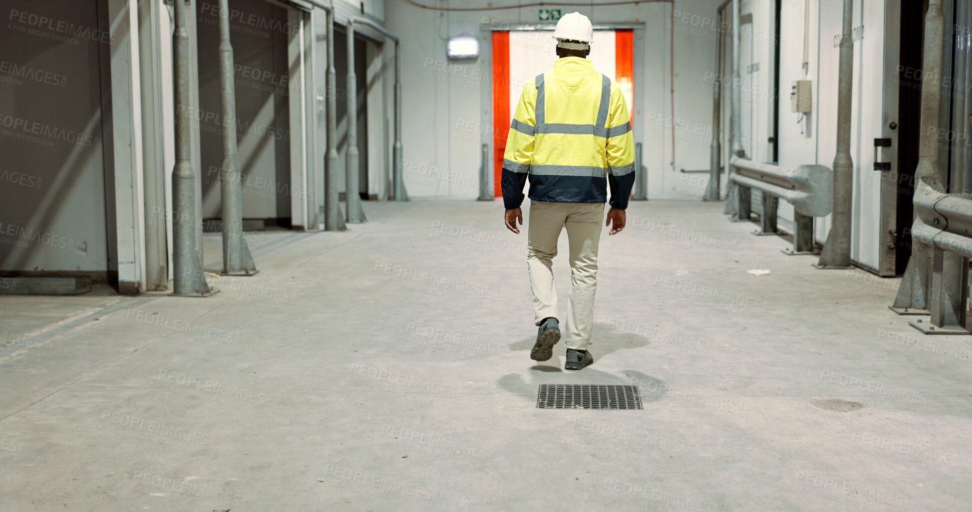 Buy stock photo Warehouse, back of man and engineer walking at empty industrial plant, manufacturing production or construction. Factory, rear view and worker or technician check storage, distribution and logistics