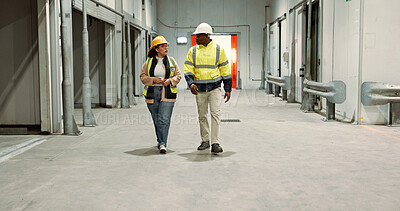 Buy stock photo Engineer woman, man and walking in warehouse for planning discussion for manufacturing, logistics or industry. Teamwork, thinking and brainstorming for vision, supply chain and commerce in factory
