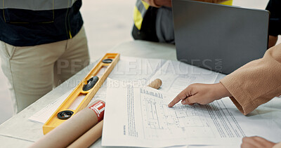 Buy stock photo People, engineer and hands with blueprint in planning, construction or brainstorming ideas on table at site. Closeup of contract group, architect or builders with floor plan or documents on desk