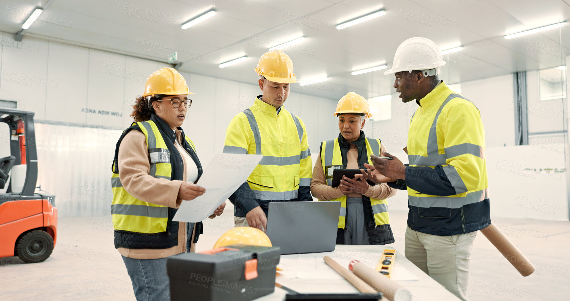 Buy stock photo Engineering meeting, people teamwork and laptop for blueprint, online construction and design in warehouse. Industrial manager on computer, floor plan documents and project management of architecture