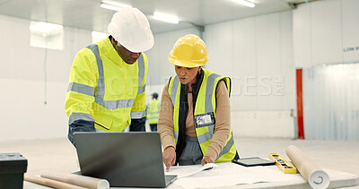 Buy stock photo Engineering people, blueprint planning and teamwork at construction site, warehouse and laptop design. Industry manager talking of floor plan development, building solution or architecture renovation
