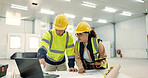 Architecture people, teamwork and laptop for construction site planning, floor plan and building design in warehouse. Industry worker and manager on tablet and computer for engineering and blueprint