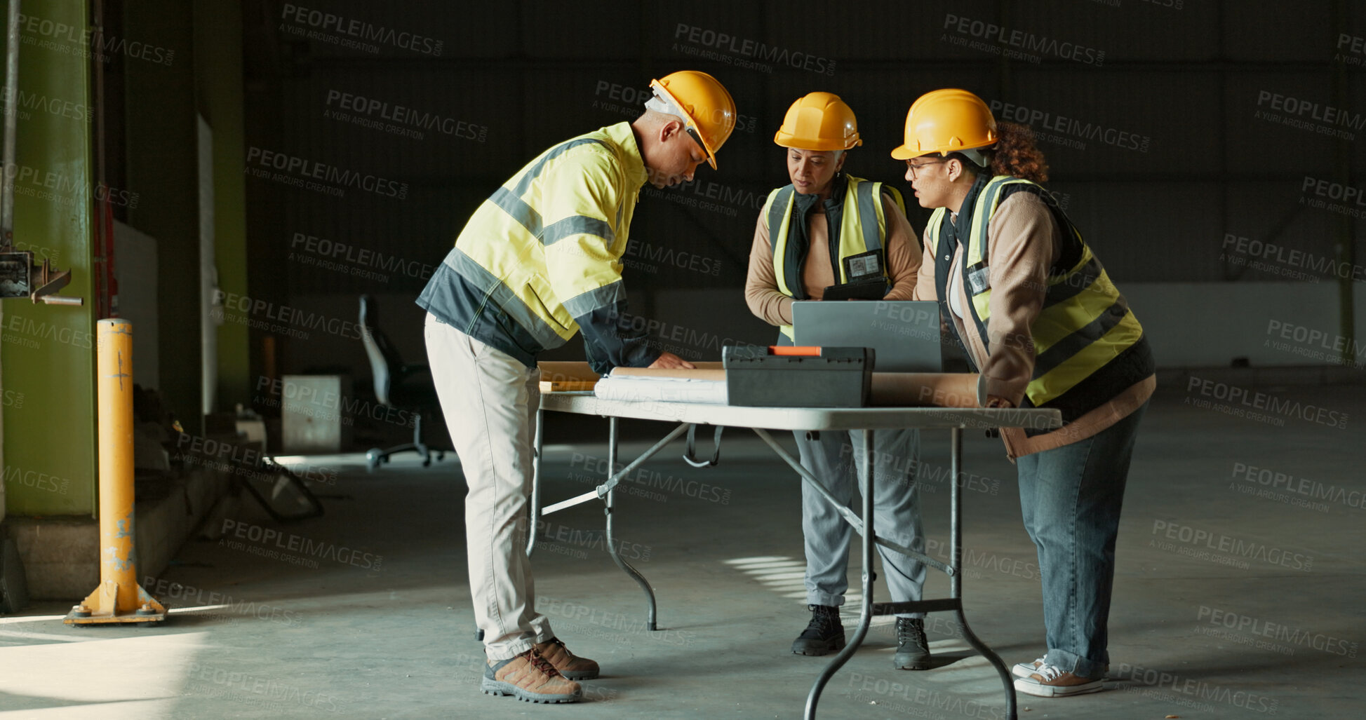 Buy stock photo Planning, laptop or factory people, architect or team cooperation on manufacturing design, renovation or construction. Industrial, reading or group review warehouse plan, strategy or engineer project