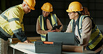 Engineer, blueprint and factory people, architect or team cooperation on floor plan, renovation or planning construction. Industrial architecture, reading design and group review warehouse schematic