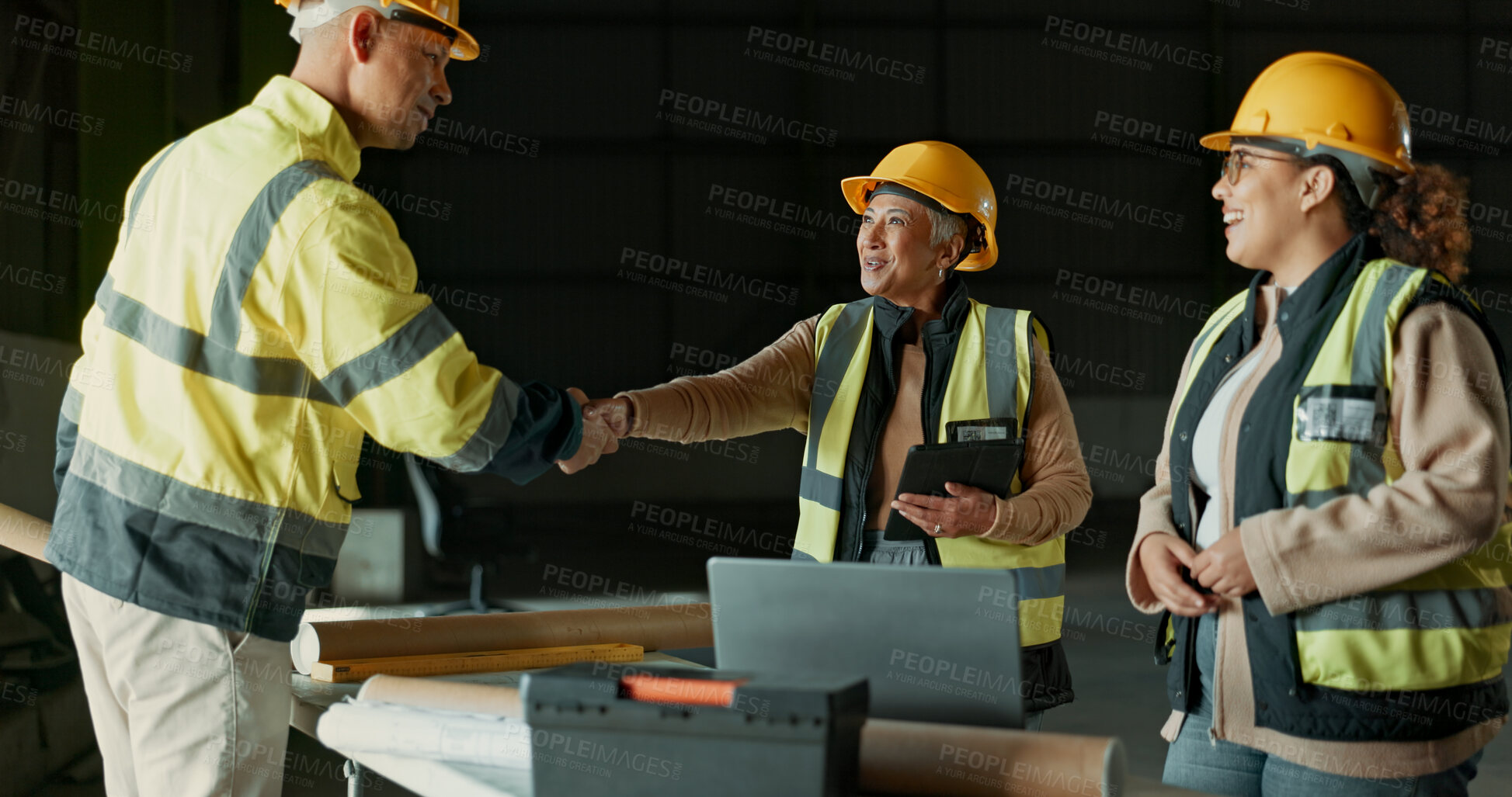 Buy stock photo Engineering team, factory people and handshake for manufacturing agreement, construction deal or collaboration. Greeting, warehouse project and partner shaking hands for hello, welcome or thank you