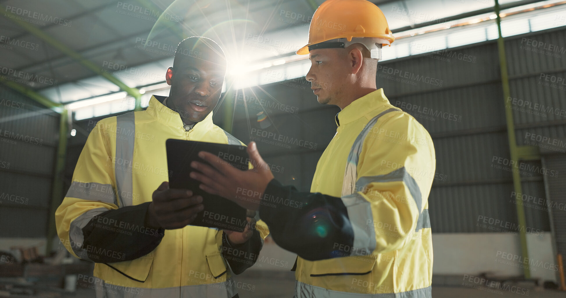 Buy stock photo Man, team and tablet at warehouse for engineering, research or planning storage in construction. Male person, engineer or contractor working on project plan or maintenance in teamwork with technology