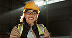 Happy woman, portrait and professional engineer in warehouse for shipping, storage or maintenance. Face of female person, architect or contractor smile with safety helmet in supply chain management