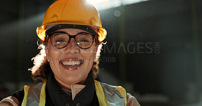 Buy stock photo Engineer woman, smile and portrait in warehouse for logistics, supply chain or commerce at plant. Employee, helmet and happy in reflective gear with safety at shipping workshop, factory or storage