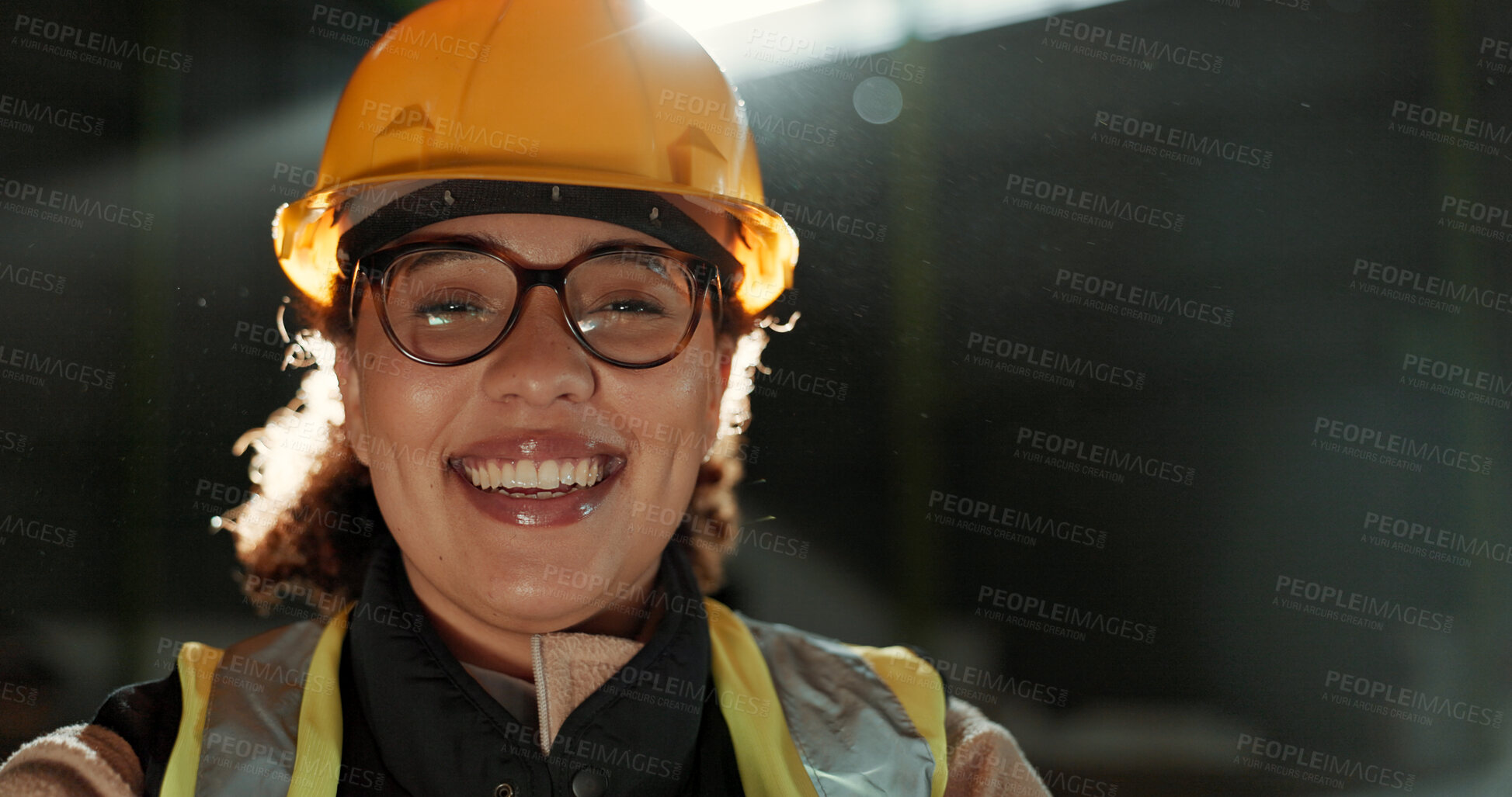 Buy stock photo Engineer woman, smile and portrait in warehouse for logistics, supply chain or commerce at plant. Employee, helmet and happy in reflective gear with safety at shipping workshop, factory or storage