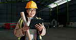 Architect, tablet and warehouse woman, happy engineer or construction worker smile for online design, maintenance or engineering. Industrial service, happiness and reading factory renovation feedback