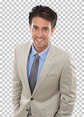 Buy stock photo Portrait, smile and confident business man, entrepreneur and corporate employee. Face, advocate and career with happy professional consultant working in Spain isolated on a transparent png background