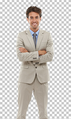 Buy stock photo Portrait, smile and business man with arms crossed, entrepreneur and corporate employee. Confidence, pride and happy professional consultant working in Spain isolated on a transparent png background