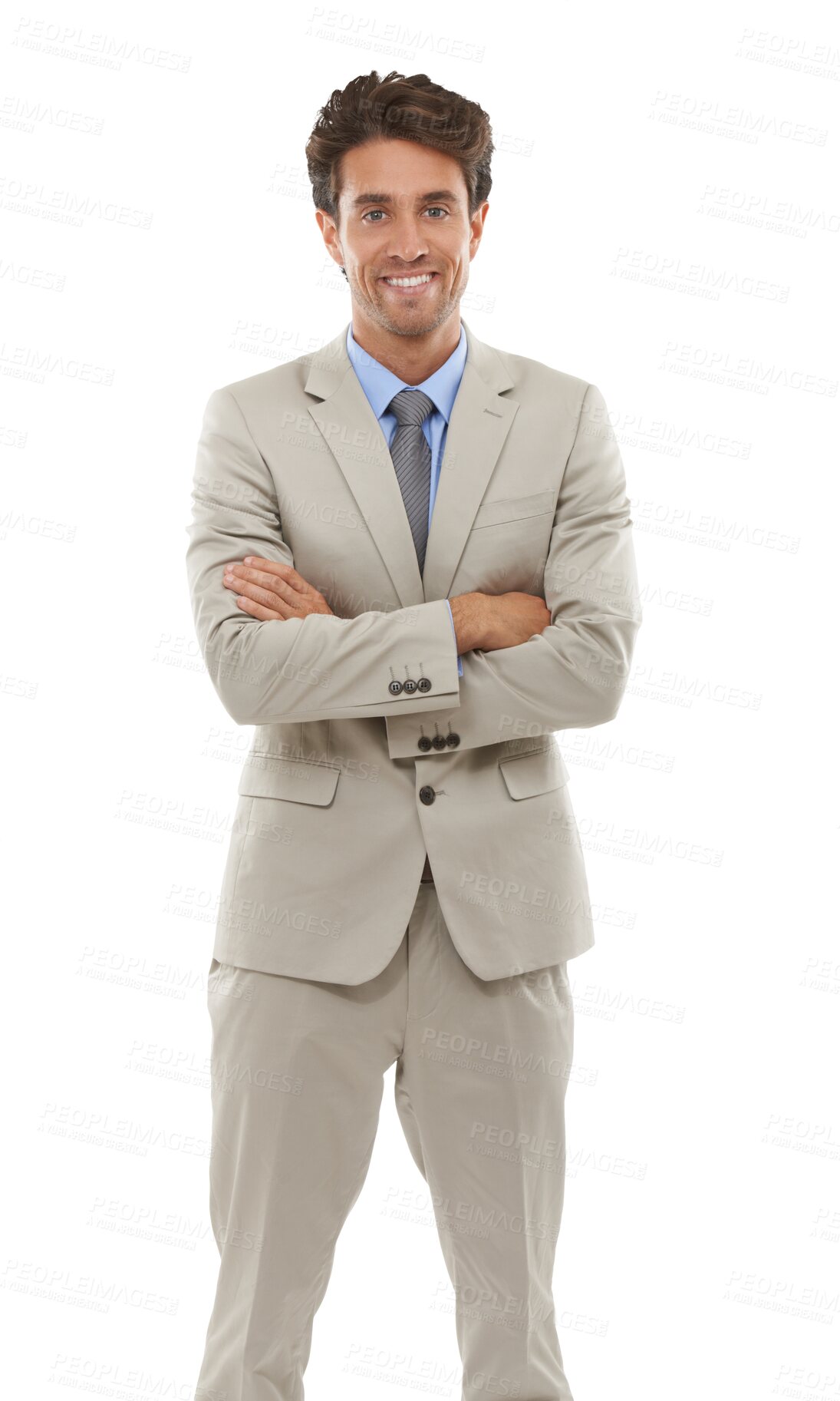 Buy stock photo Portrait, smile and business man with arms crossed, entrepreneur and corporate employee. Confidence, pride and happy professional consultant working in Spain isolated on a transparent png background