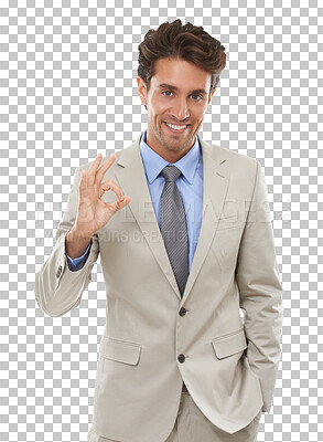 Buy stock photo Portrait, happiness and business man ok sign for job well done, motivation feedback or voting opinion. Okay emoji icon, perfect gesture or professional agent isolated on transparent, png background