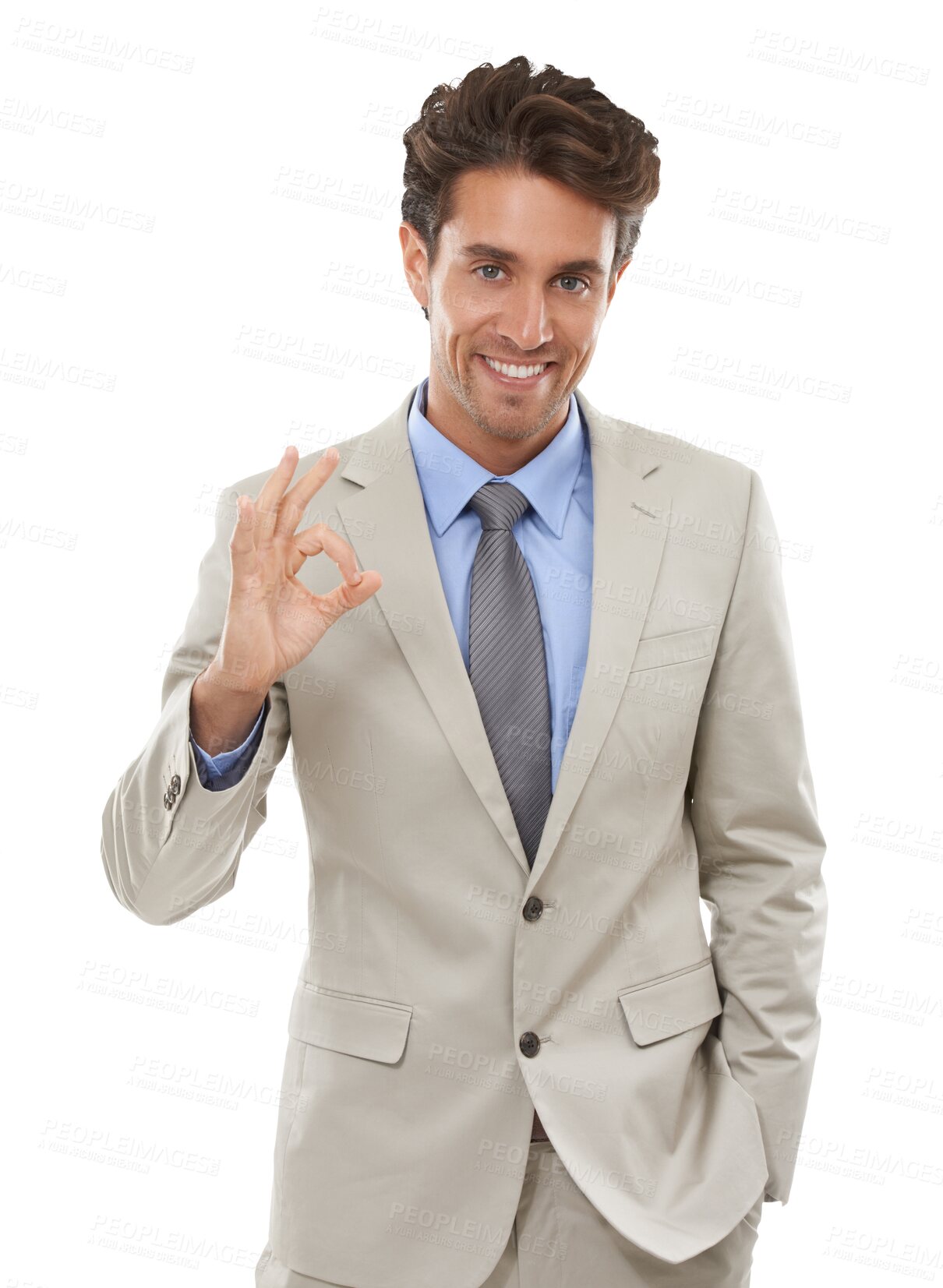 Buy stock photo Portrait, happiness and business man ok sign for job well done, motivation feedback or voting opinion. Okay emoji icon, perfect gesture or professional agent isolated on transparent, png background