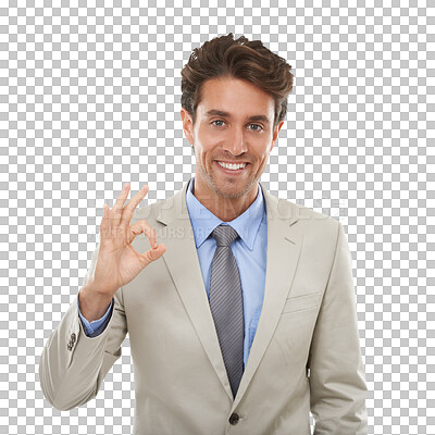 Buy stock photo Ok, portrait and smile of business man for vote, review or feedback isolated on transparent png background. Happy corporate worker show okay for success, agreement or sign of yes, emoji or excellence