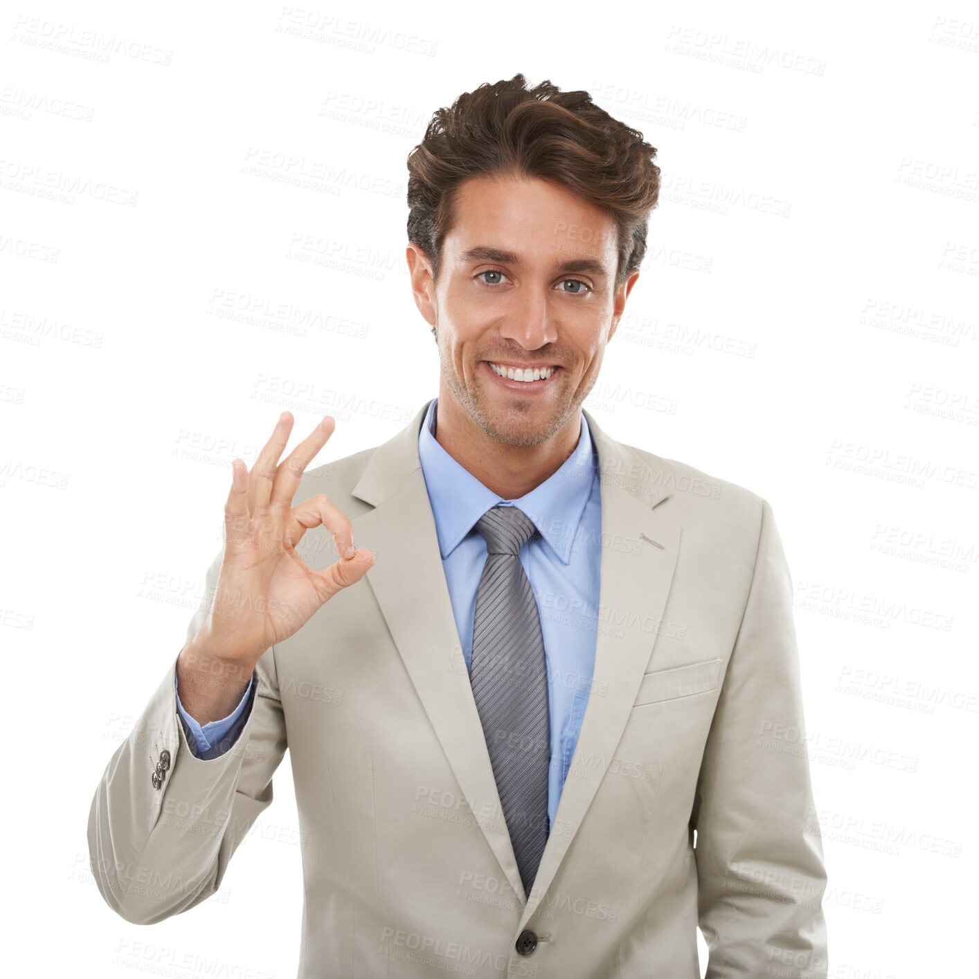 Buy stock photo Ok, portrait and smile of business man for vote, review or feedback isolated on transparent png background. Happy corporate worker show okay for success, agreement or sign of yes, emoji or excellence