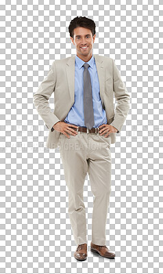 Buy stock photo Portrait, smile and confident business man, entrepreneur or corporate employee working on career in Spain. Job, happy professional consultant or agent in suit isolated on a transparent png background