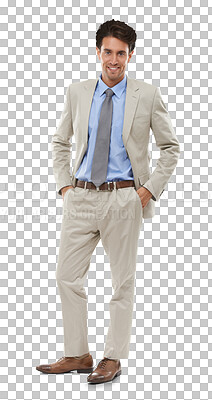 Buy stock photo Portrait, confidence and smile of business entrepreneur, man or corporate employee. Career, hands in pocket and happy professional consultant working in Spain isolated on a transparent png background