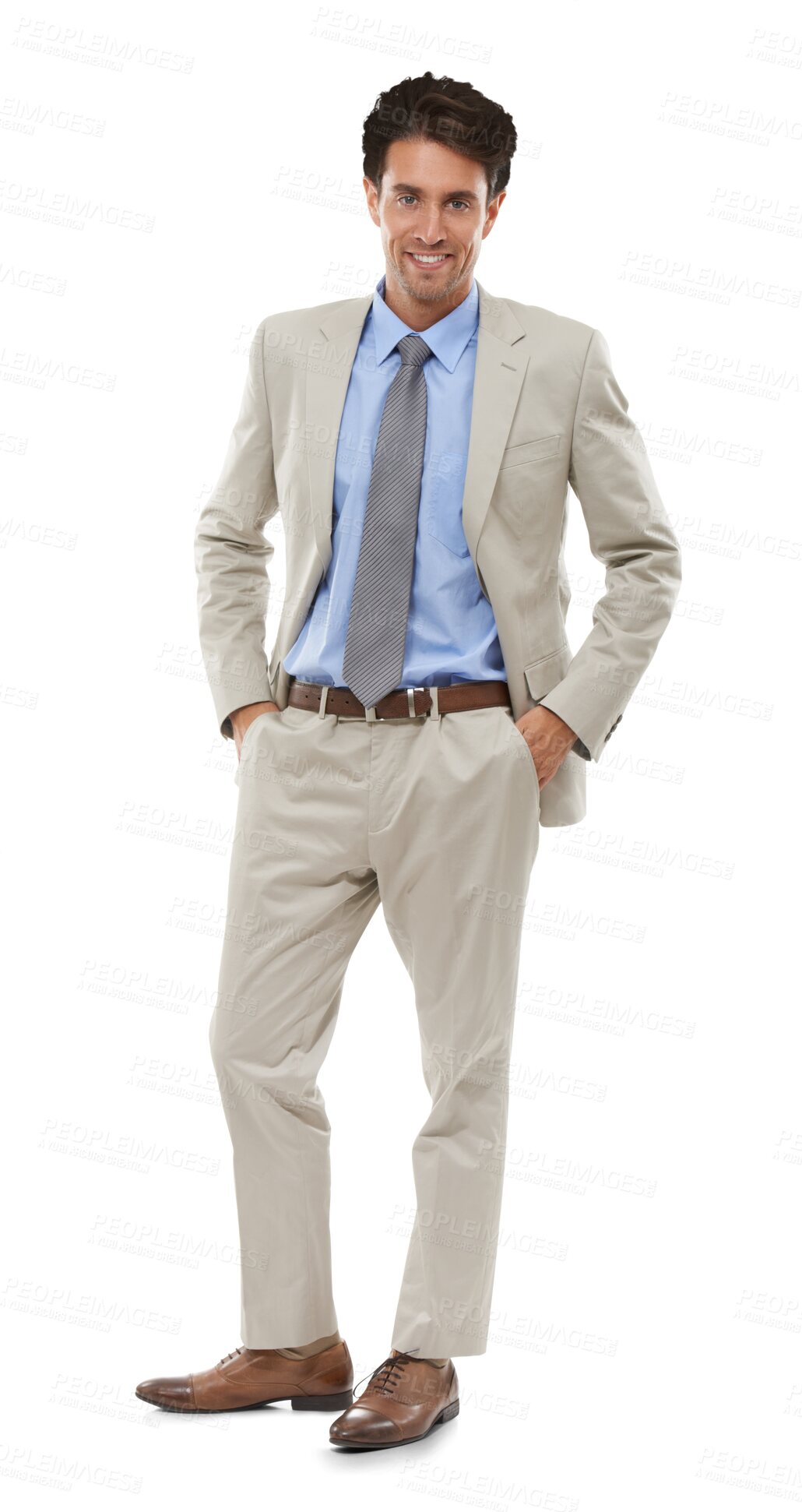 Buy stock photo Portrait, confidence and smile of business entrepreneur, man or corporate employee. Career, hands in pocket and happy professional consultant working in Spain isolated on a transparent png background