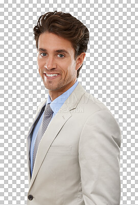 Buy stock photo Portrait, business and man with confidence, employee and worker isolated on a transparent background. Face, person and model with happiness, agent and entrepreneur with a suit, png and consultant