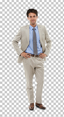 Buy stock photo Happy businessman, portrait and fashion in suit standing isolated on a transparent PNG background. Man or employee smile with hands on hip in professional work attire or outfit for career ambition