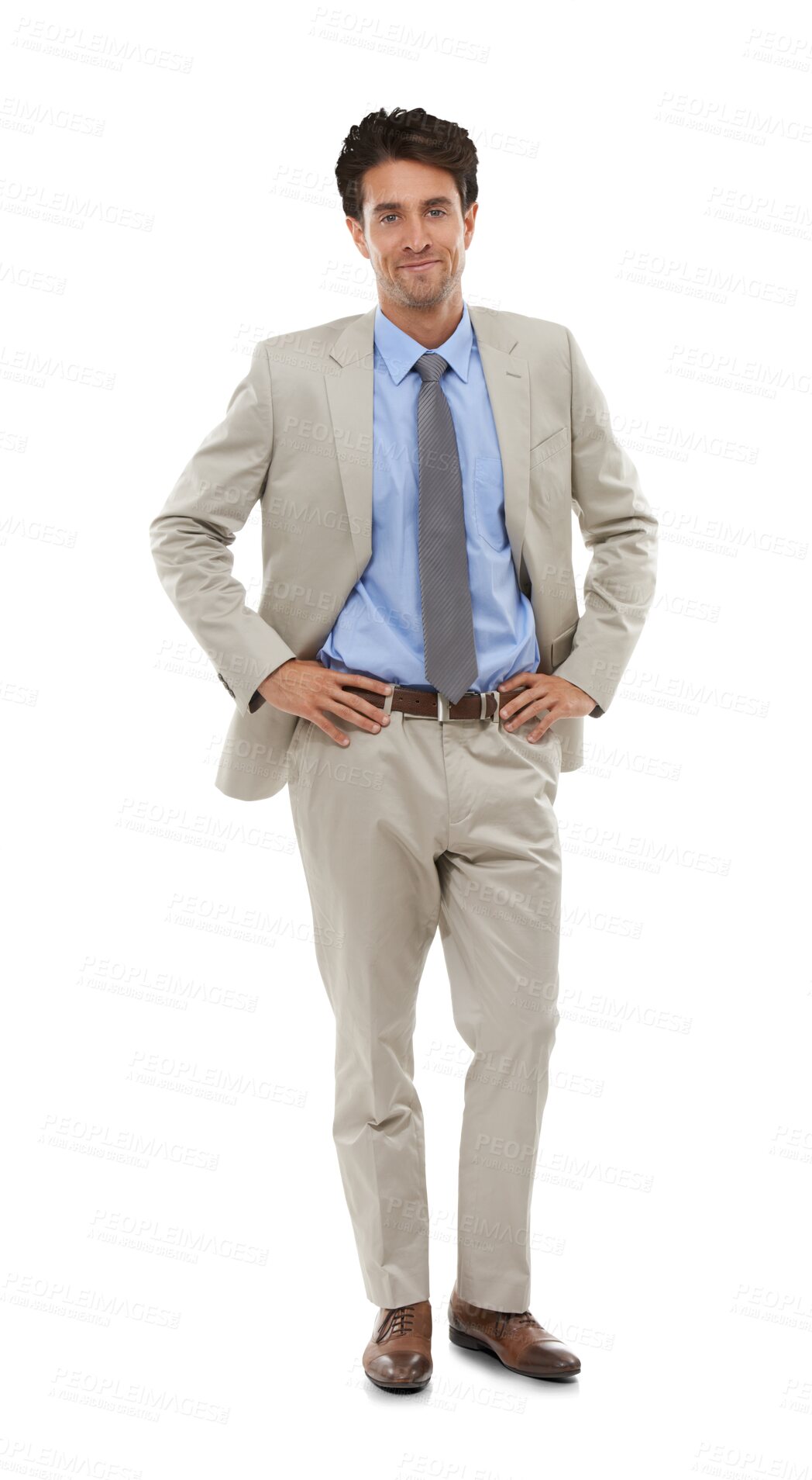 Buy stock photo Happy businessman, portrait and fashion in suit standing isolated on a transparent PNG background. Man or employee smile with hands on hip in professional work attire or outfit for career ambition