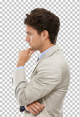 Buy stock photo Profile, thinking and a business man in a suit isolated on a transparent background for problem solving. Idea, planning and a confident young corporate employee on PNG as a professional employee