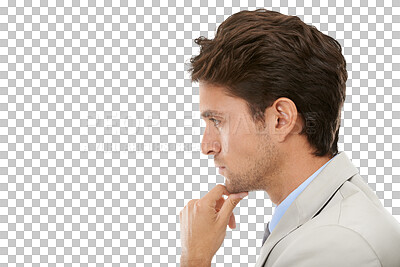 Buy stock photo Business, man or thinking of ideas in profile of choice, problem solving or brainstorming isolated on transparent png background. Face of serious worker planning decision, solution or remember memory