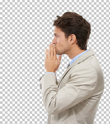 Buy stock photo Profile, businessman and thinking with worry on face for offer, opportunity or success with goals. Corporate, male manager or person with gesture for idea on isolated or transparent png background