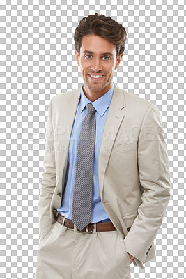 Buy stock photo Business man, suit and happy in portrait for legal or professional isolated on a transparent, PNG background. Professional worker, lawyer or businessman with confidence, formal fashion or clothes