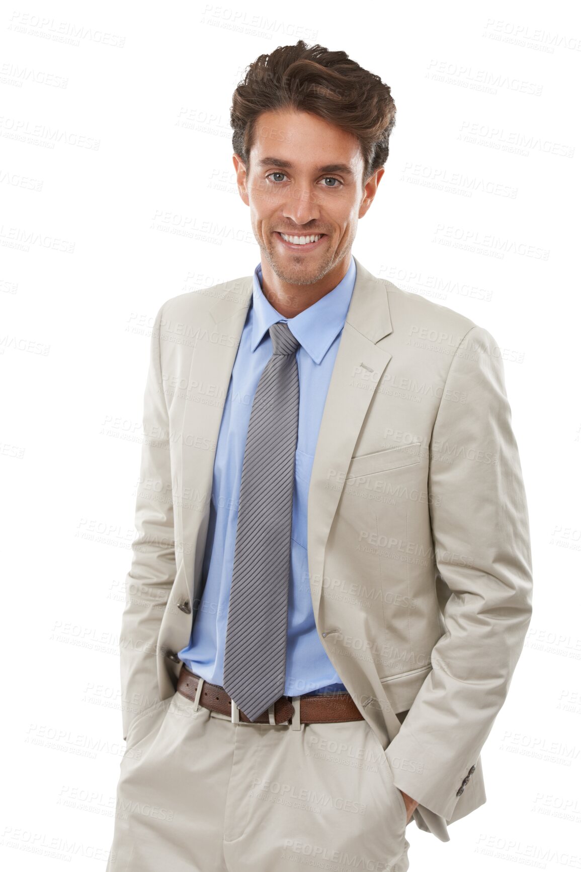 Buy stock photo Business man, suit and happy in portrait for legal or professional isolated on a transparent, PNG background. Professional worker, lawyer or businessman with confidence, formal fashion or clothes