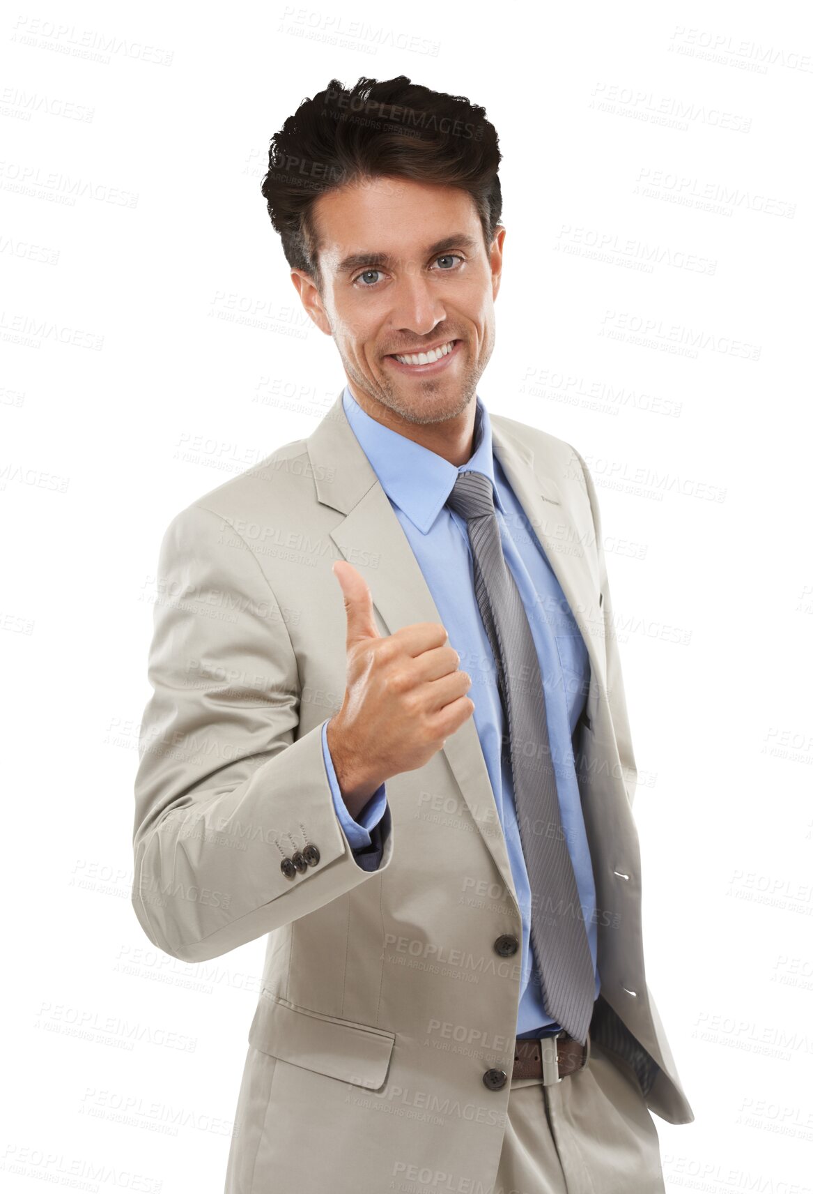 Buy stock photo Man, portrait and thumbs up in business agreement or corporate trust, winner or promotion. Male person, face and hand gesture on isolated transparent png background for positive, yes vote in company