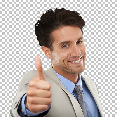 Buy stock photo Businessman, portrait and thumbs up for job, happy and employee on isolated transparent png background. Man, career and person for occupation, positive and corporate for company, face and smile
