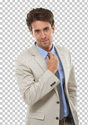 Buy stock photo Smile, portrait and businessman with tie isolated on transparent png background in business fashion. Confident salesman, office worker or happy man with professional career, pride and entrepreneur.