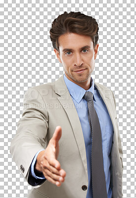 Buy stock photo Business man, portrait and offer handshake for welcome, trust and introduction isolated on transparent png background. Corporate worker shaking hands for recruitment, HR partnership and b2b agreement