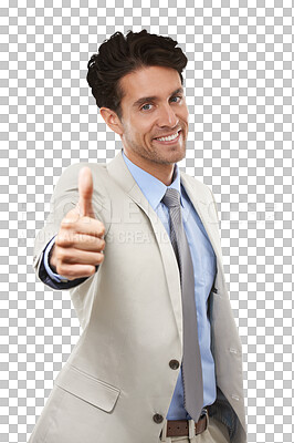 Buy stock photo Thumbs up, portrait and smile of business man for success, winning deal and trust agreement isolated on transparent png background. Happy worker, emoji sign and voting for feedback, yes and thank you