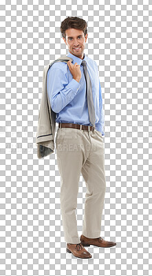 Buy stock photo Smile, businessman and jacket on shoulder isolated on transparent png background in business suit. Portrait of salesman, office worker or happy man with professional career, relax and entrepreneur.