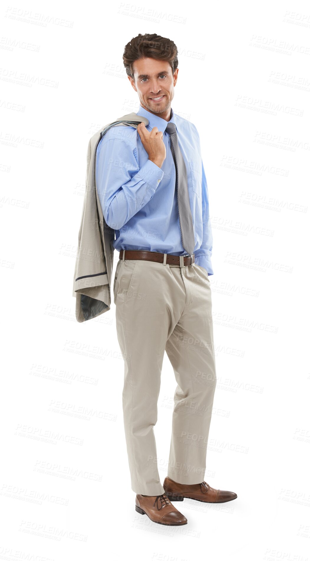 Buy stock photo Smile, businessman and jacket on shoulder isolated on transparent png background in business suit. Portrait of salesman, office worker or happy man with professional career, relax and entrepreneur.