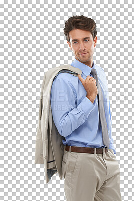 Buy stock photo Thinking, businessman and jacket on shoulder isolated on transparent png background in business suit. Salesman, office worker or happy man with professional career, relax and entrepreneur opportunity