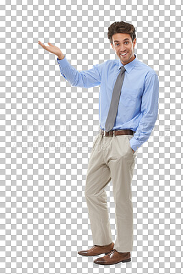 Buy stock photo Portrait, businessman and smile for presentation with of offer, choice or decision with announcement. Corporate person, male manager and happy with message on isolated or transparent png background