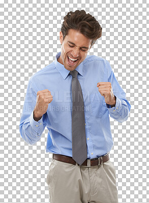 Buy stock photo Excited, business man and fist to celebrate success, winning achievement and deal isolated on transparent png background. Happy employee, good news and cheers for profit, reward or prize of promotion