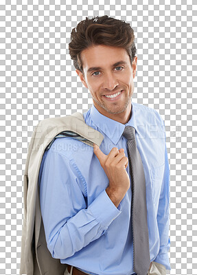 Buy stock photo Portrait, happy and confident business man, entrepreneur and corporate employee. Face, jacket and professional consultant or agent smile working in Spain isolated on a transparent png background