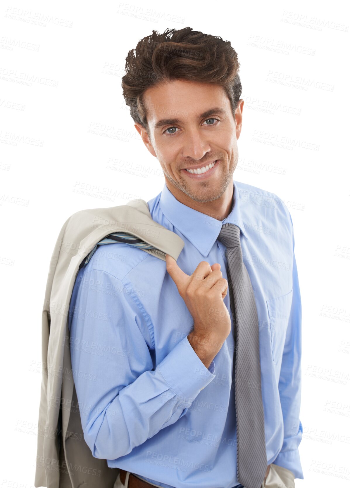 Buy stock photo Portrait, happy and confident business man, entrepreneur and corporate employee. Face, jacket and professional consultant or agent smile working in Spain isolated on a transparent png background